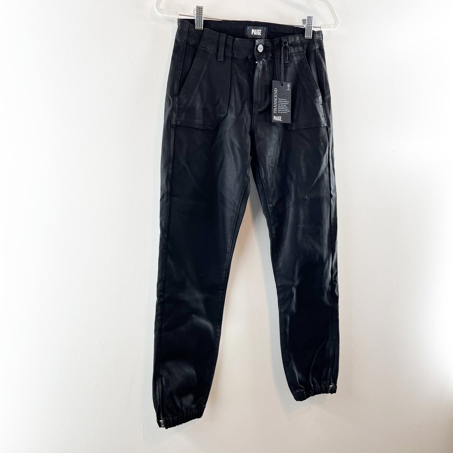 Paige Mayslie Luxe Coating High Waisted Cropped Jogger Pants Black Fog US 26