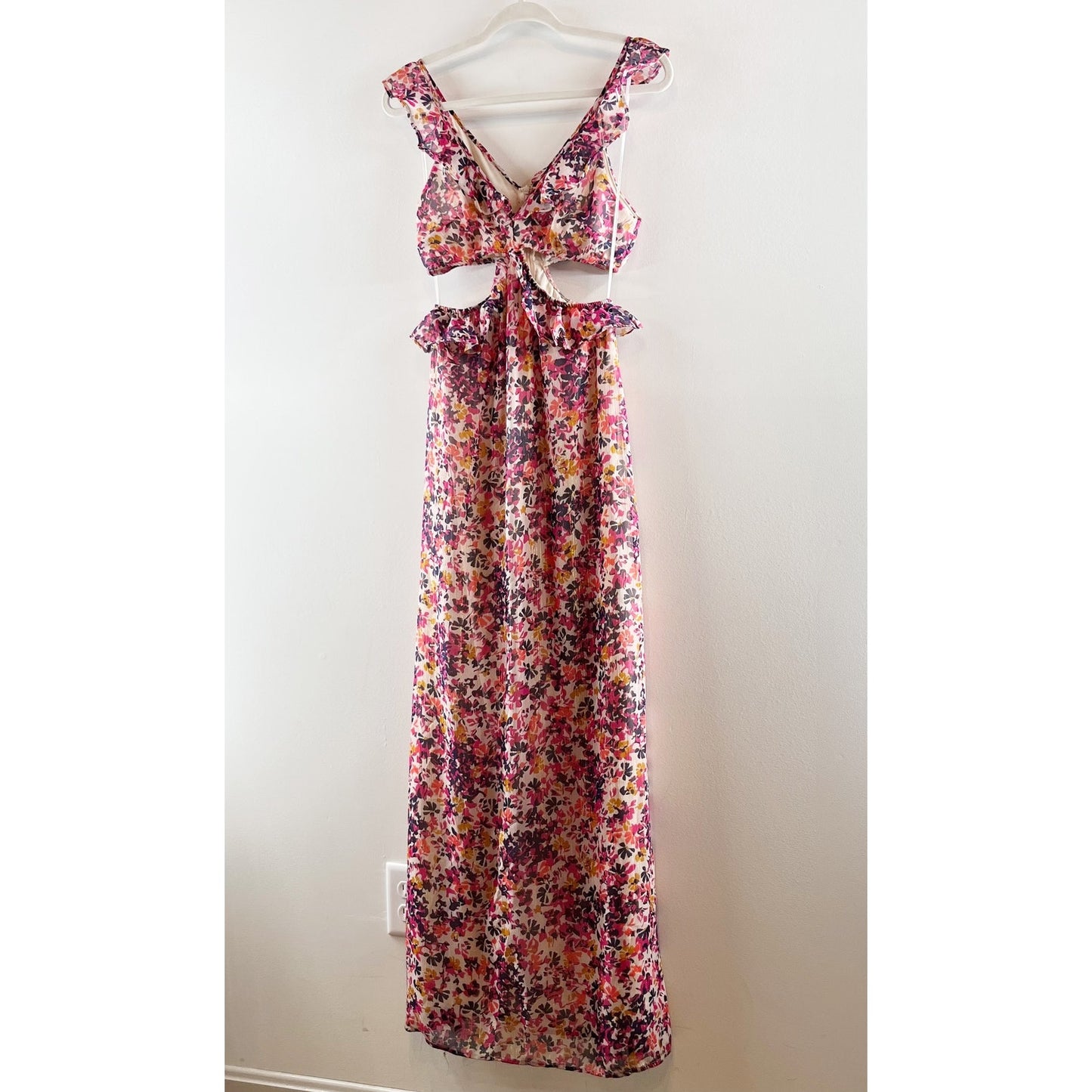 Dee Elly Floral Print Ruffle Trim Cut Out Chiffon Maxi Dress Purple Pink Small
