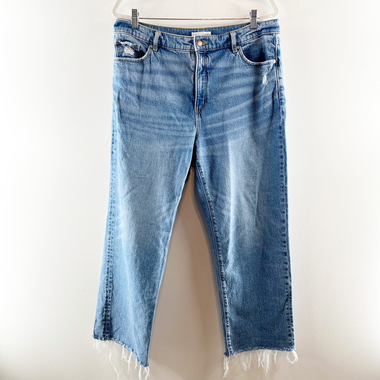 LOFT High Rise Straight Leg Raw Cut Hem Jeans Blue 14 / 32