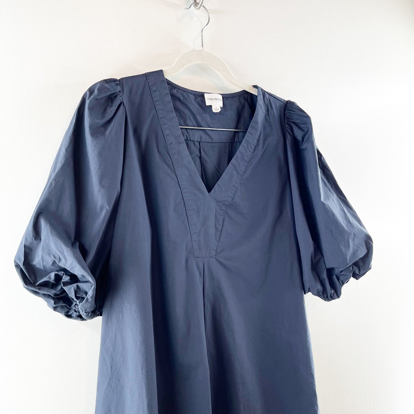 ForCynthia Puff Sleeve V Neck Tunic Cotton Poplin Mini Dress Navy Blue Large