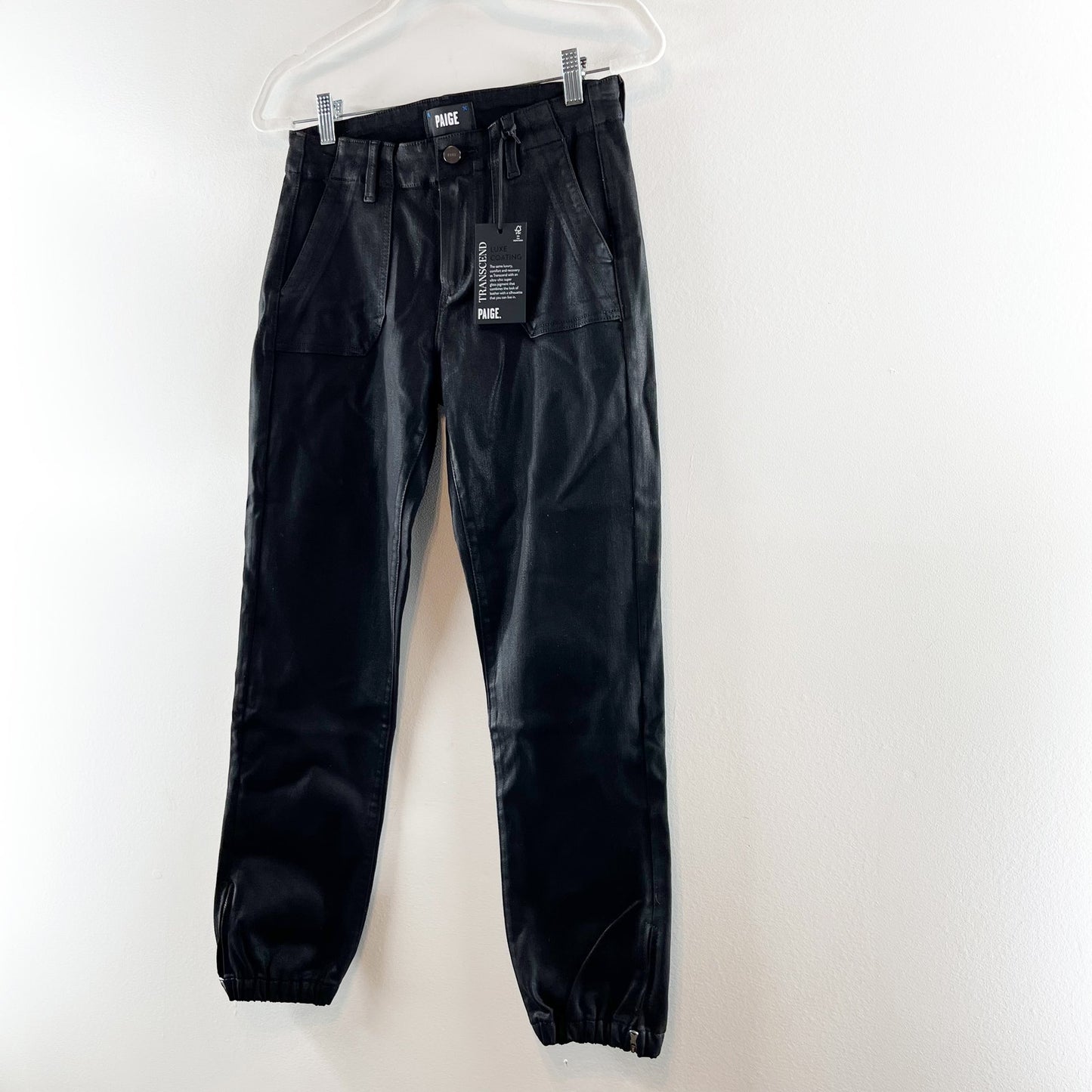 Paige Mayslie Luxe Coating High Waisted Cropped Jogger Pants Black Fog US 26