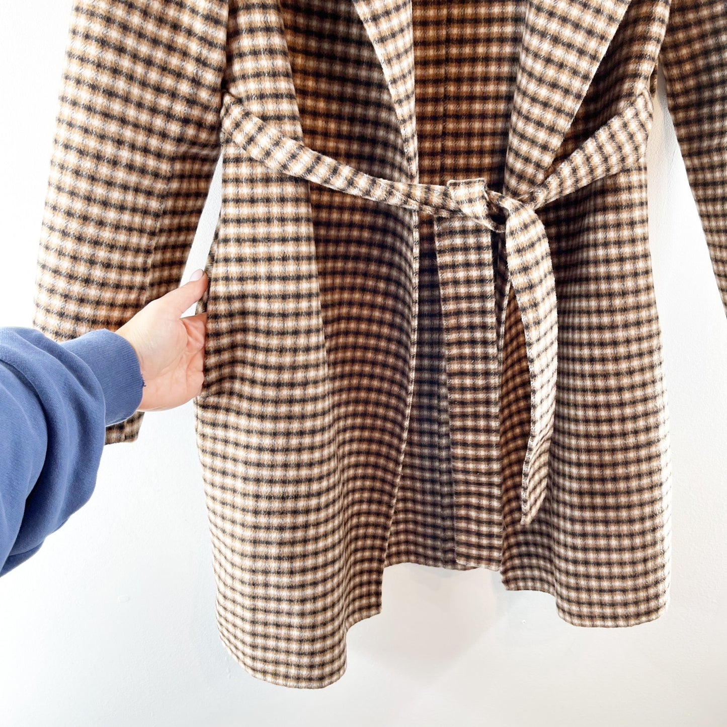 Elie Tahari Vienna Belted Wool Blend Plaid Wrap Coat Jacket Tan Small