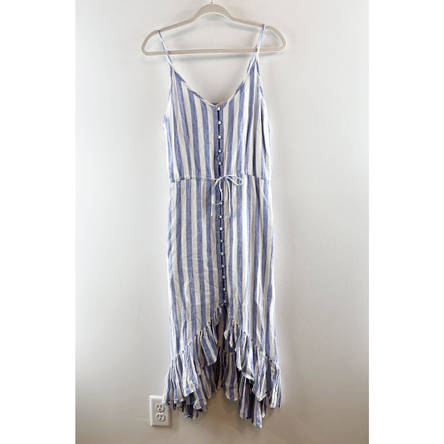 Rails Frida Ciel Striped Linen Ruffle Hem Midi Dress Blue White Medium