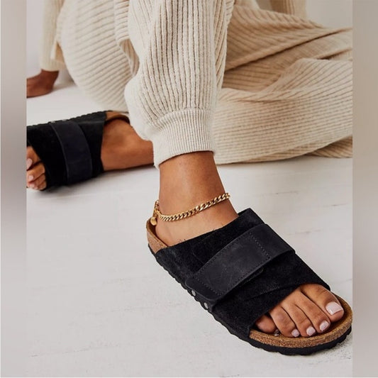 Birkenstock Kyoto Shearling Suede Leather Slide Sandals Black 43 / W M10