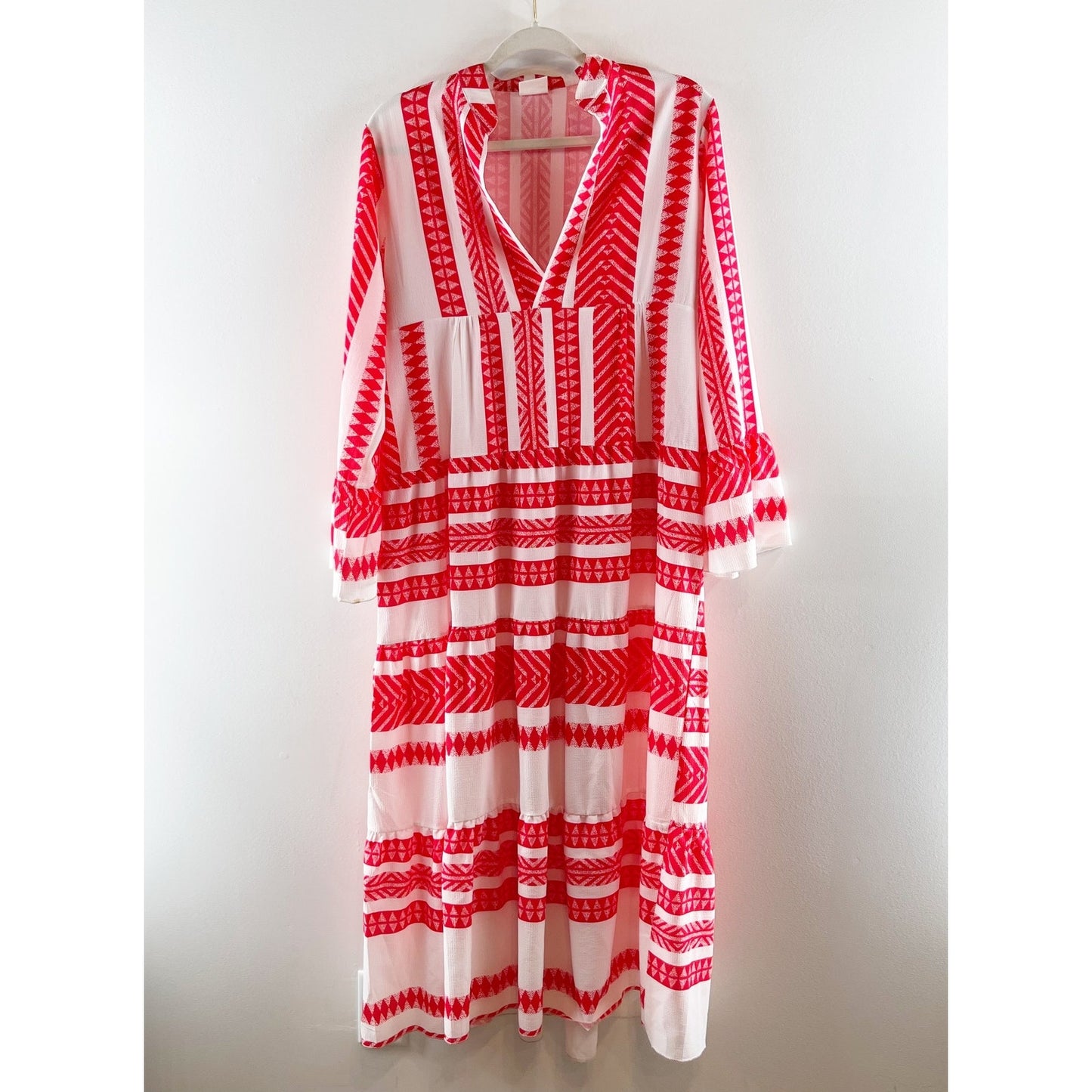Silk & Salt V Neck Aztec Long Sleeve Midi Dress Red White Medium