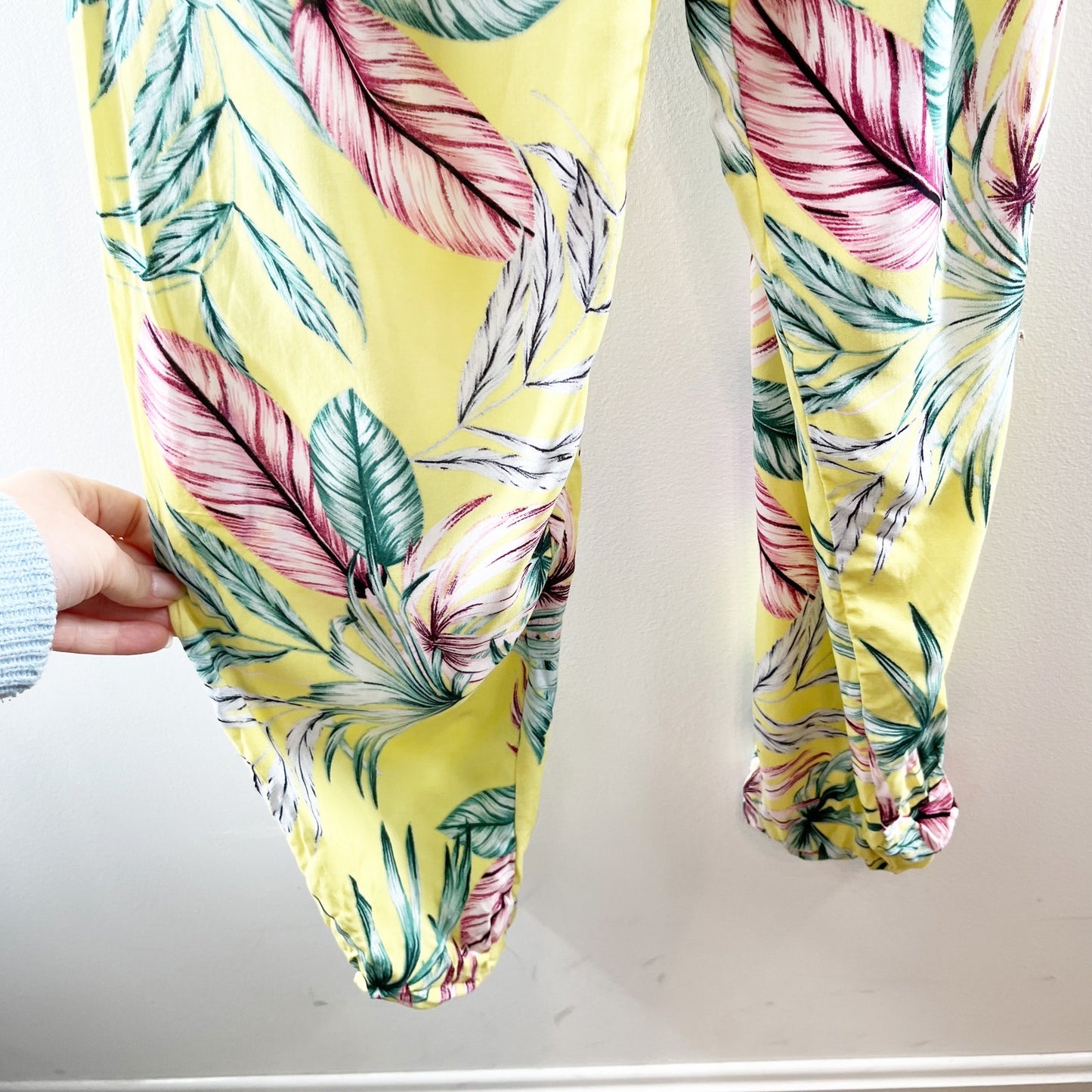 The Vanity Room Strapless Tropical Print Jogger Jumpsuit Banana Yellow Medium