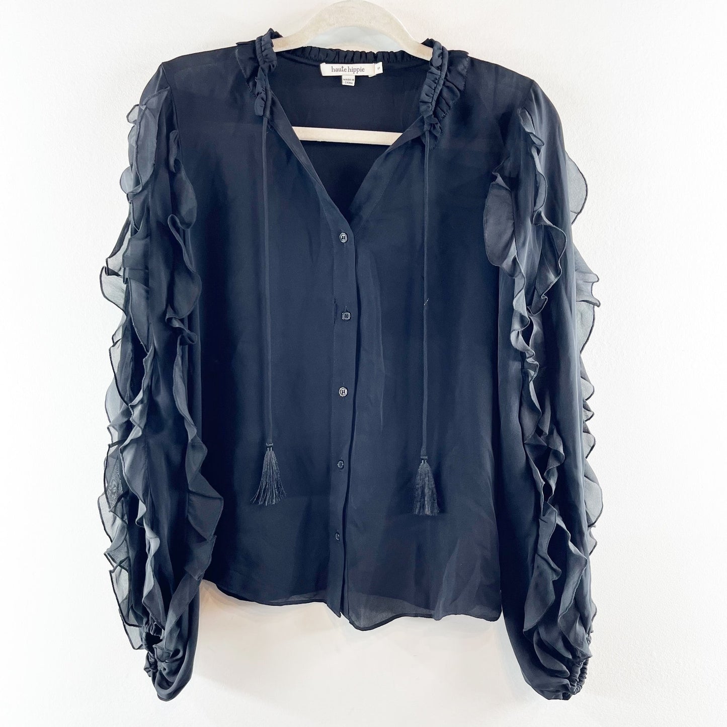 Haute Hippie Ruffled Long Sleeve Button Up Blouse Top Black Small