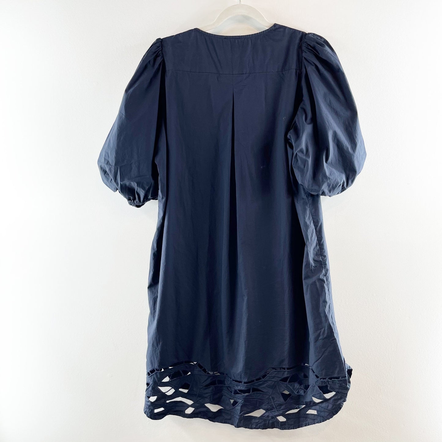 ForCynthia Puff Sleeve V Neck Tunic Cotton Poplin Mini Dress Navy Blue Large