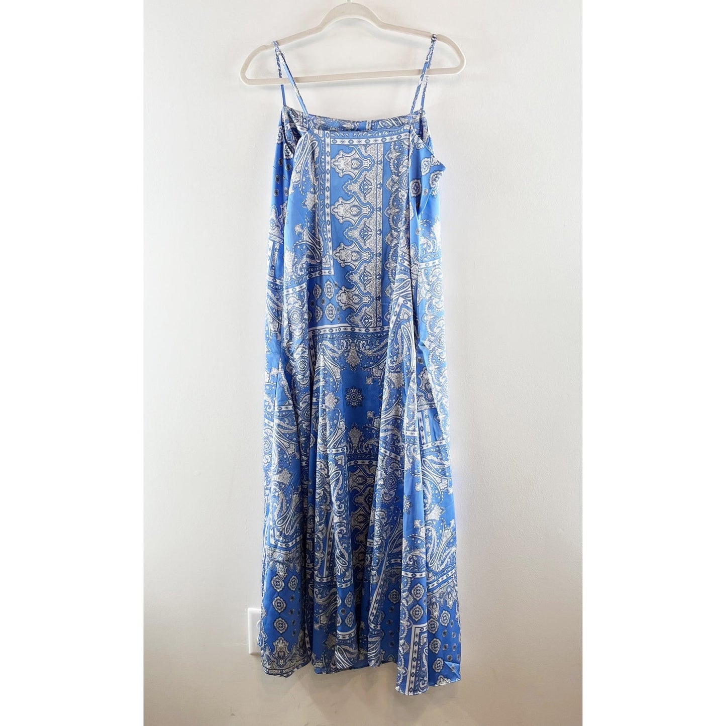 Loft Square Neck Bandana Print Slip Midi Satin Dress Blue 8