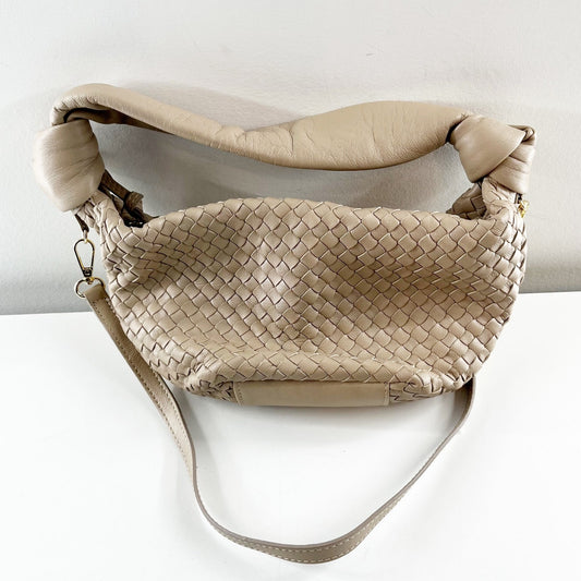 Giorgia Milani Leather Woven Shoulder Crossbody Bag Purse Beige Tan
