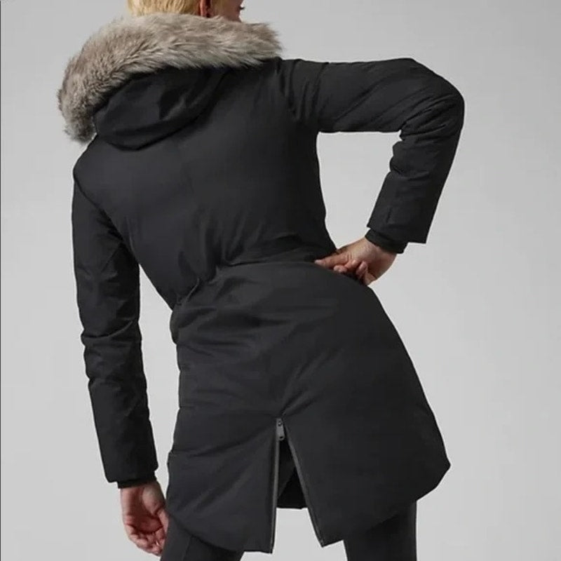 Athleta Rainout Outbound Faux Fur Hood Parka Coat Jacket Black XXS