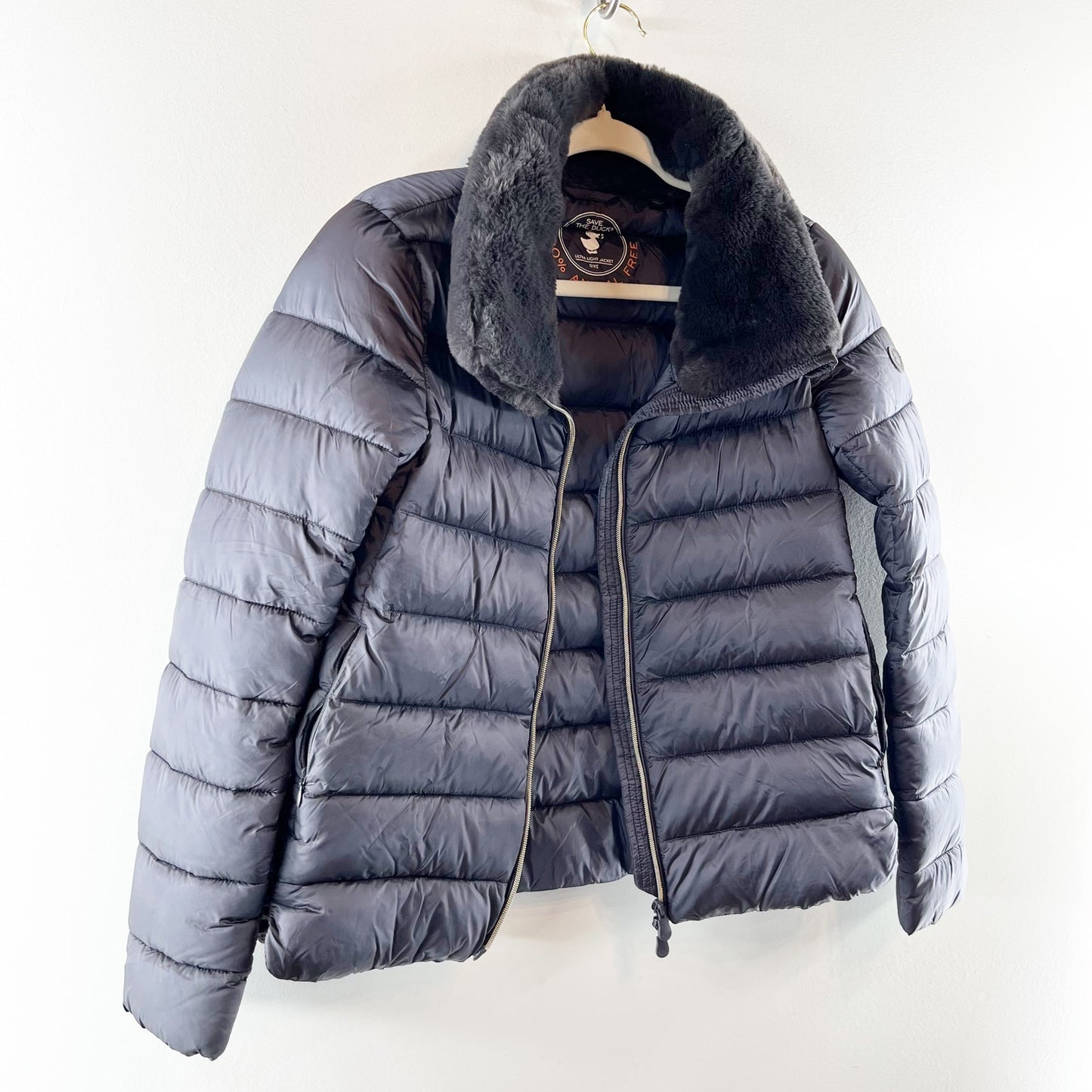 Save The Duck Mei Faux Fur Collar Puffer Coat Jacket Black XS