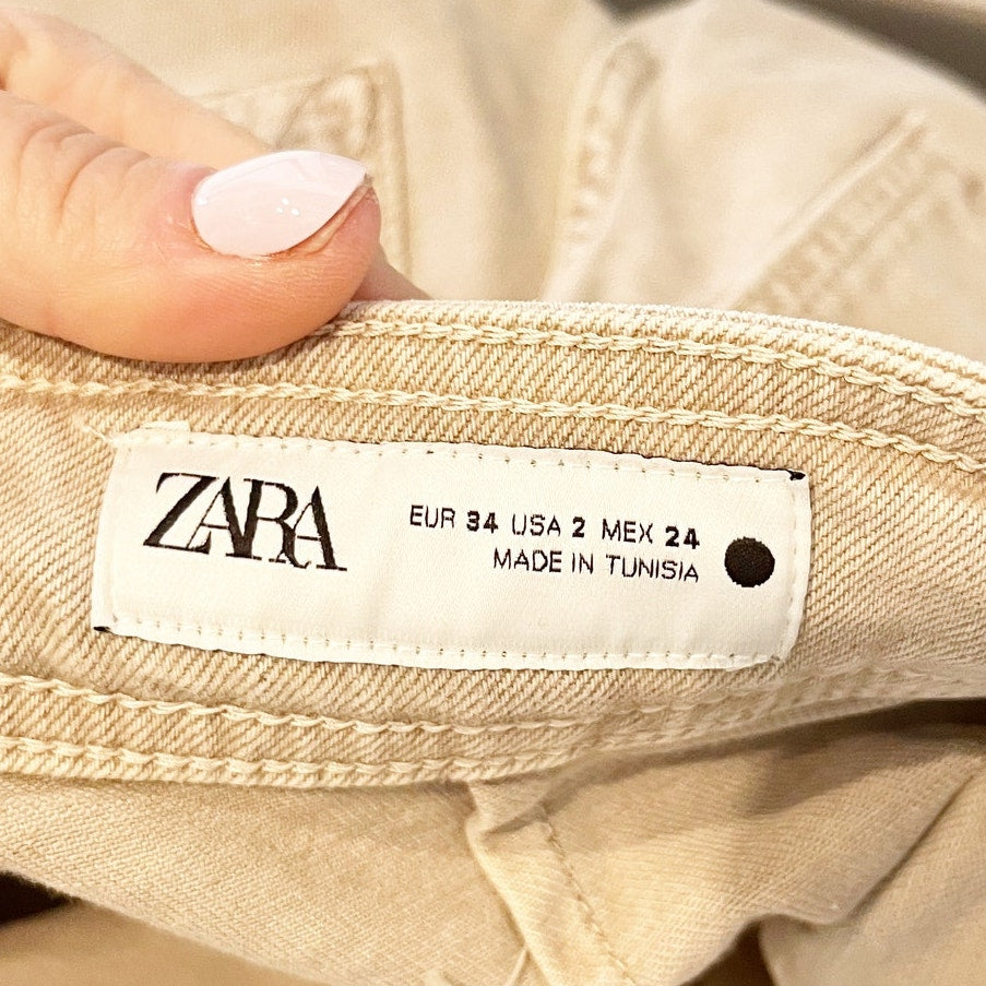 ZARA The Marine High Rise Wide Leg Raw Hem Pants Jeans Tan Khaki 2