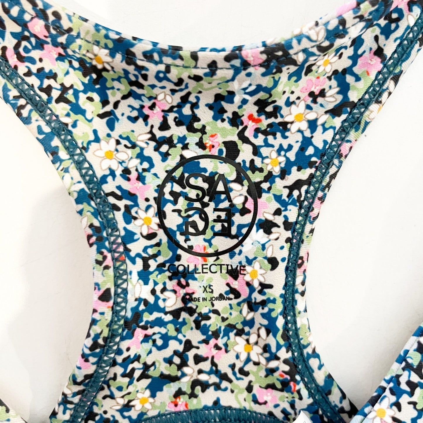 Sage Collective Floral Two Piece Sports Bra and Biker Shorts Set Blue Green XS