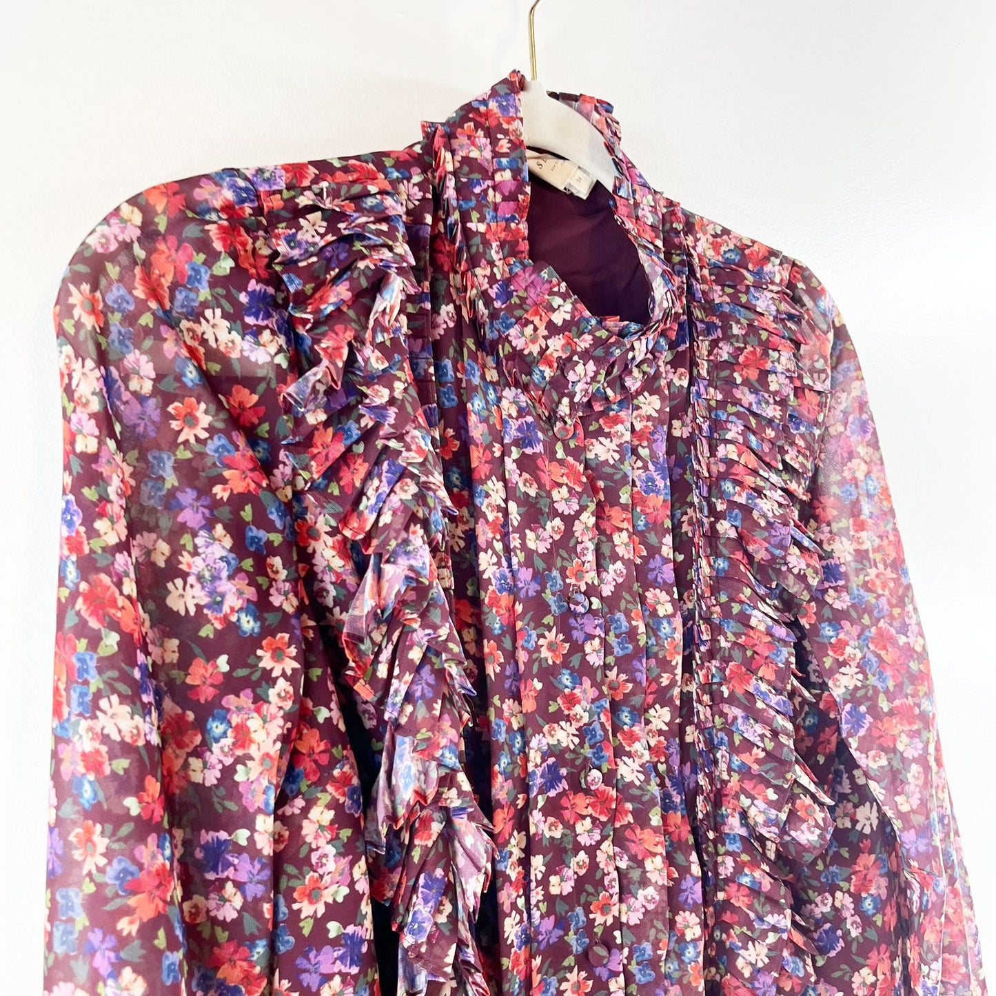Sezane Dany Button Up Shirt Blouse Floral Ruffle Long Sleeve Purple 34 / US 2-4