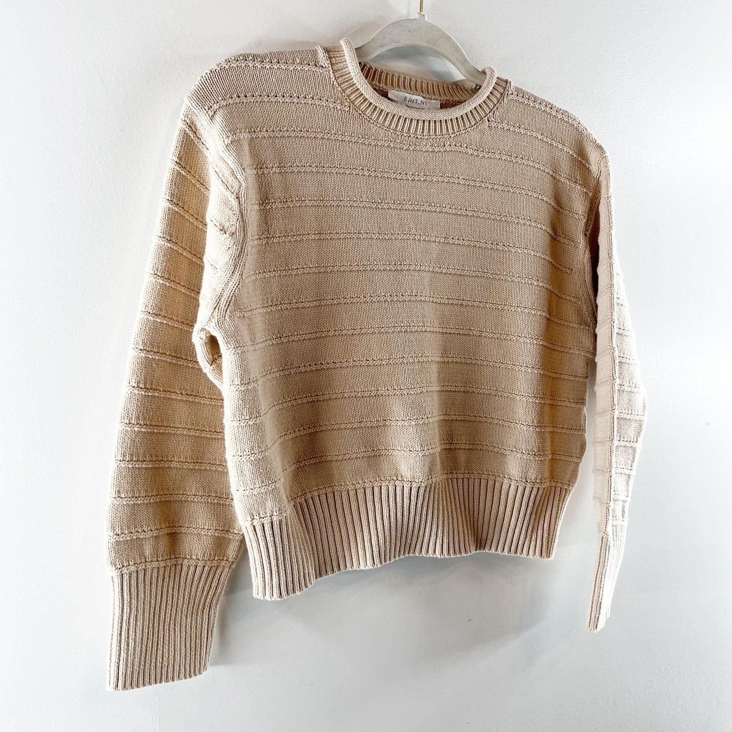 BRIT NY Long Sleeve Pointelle Neck Rib Knit Pullover Sweater Oatmeal Medium