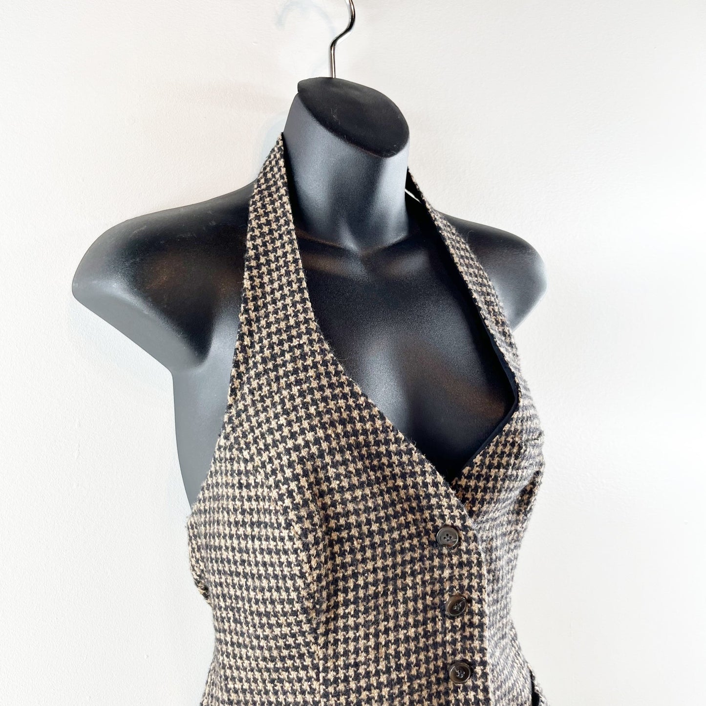 Anne Fontaine Paris Houndstooth Sleeveless Halter Waistcoat Vest Tan Black 40