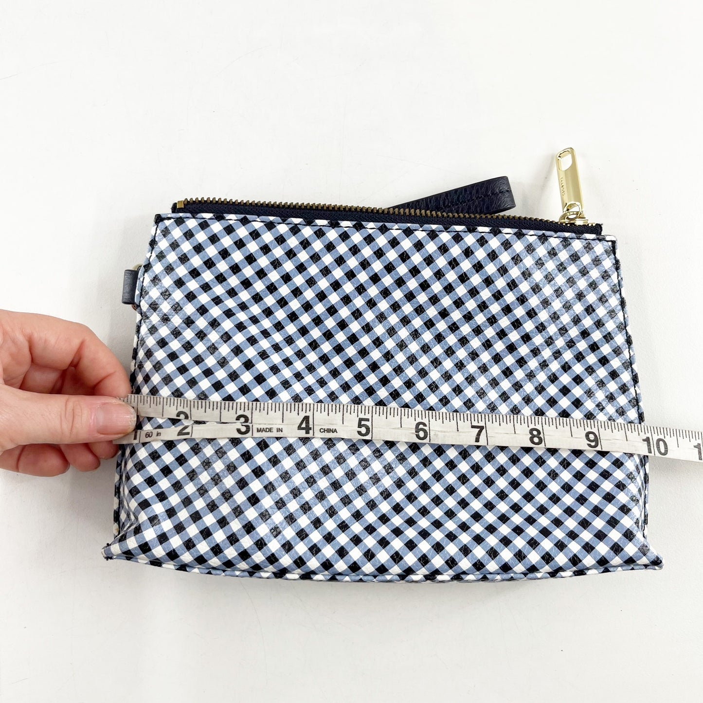 Talbots Leather Gingham Print Zip Top Pouch Wristlet Wallet Blue White