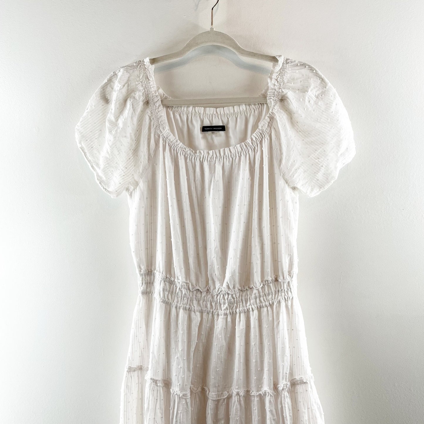 Tommy Hilfiger Cotton Puff Short Sleeve Tired Midi Dress White 10