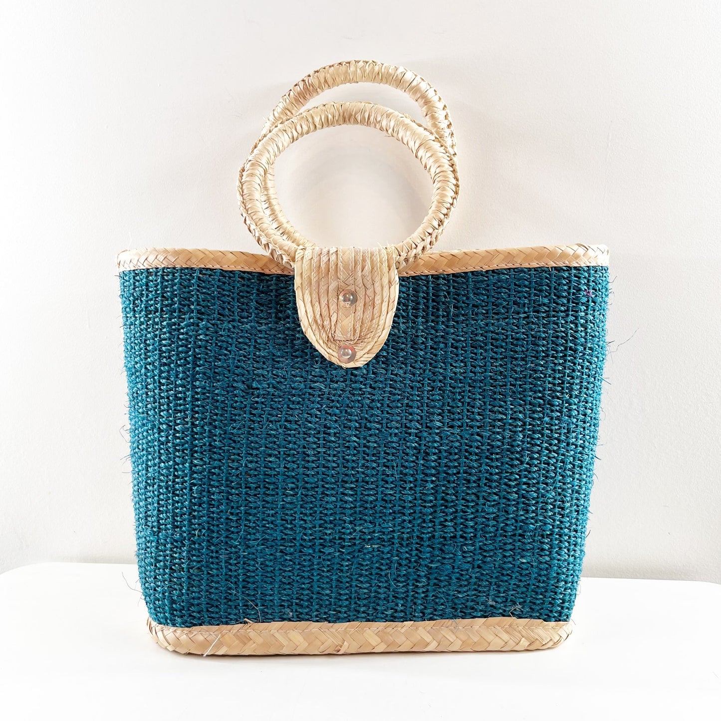 Round Double Handle Medium Straw Bucket Tote Handbag Teal Blue Beige