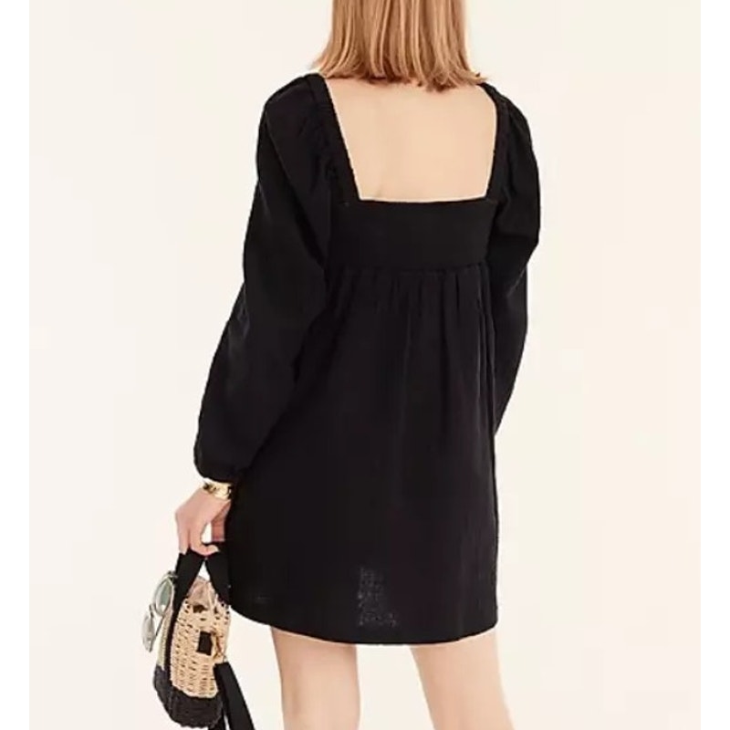 J. Crew Soft Gauze Cotton Long Sleeve Smocked Square-Neck Mini Dress Black XS