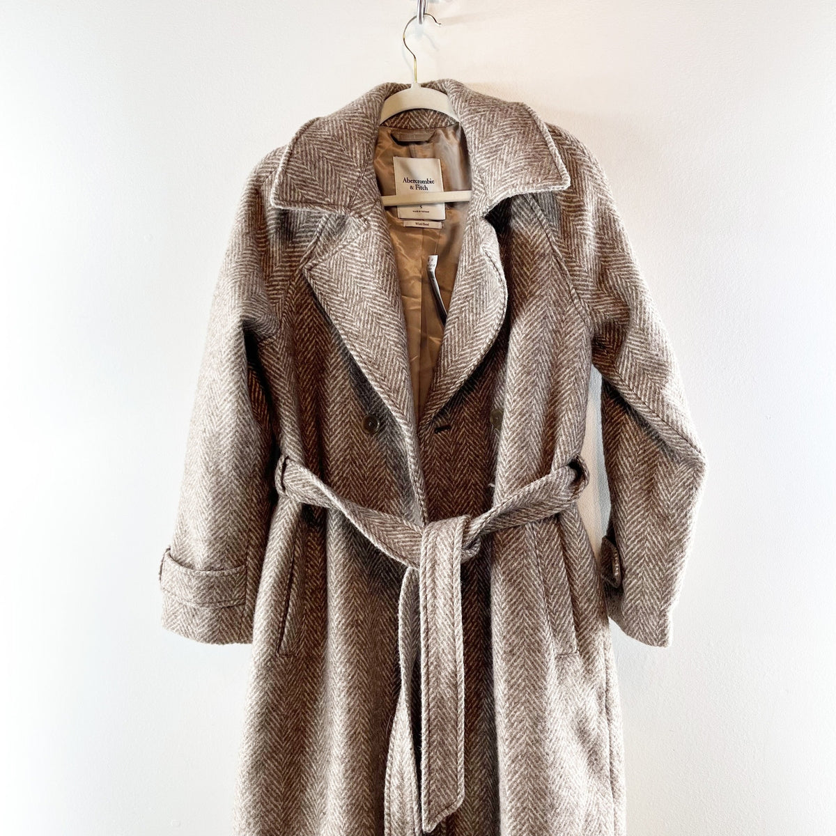 Abercrombie Carrie Wool Blend Belted Trench Coat Brown Herringbone Small