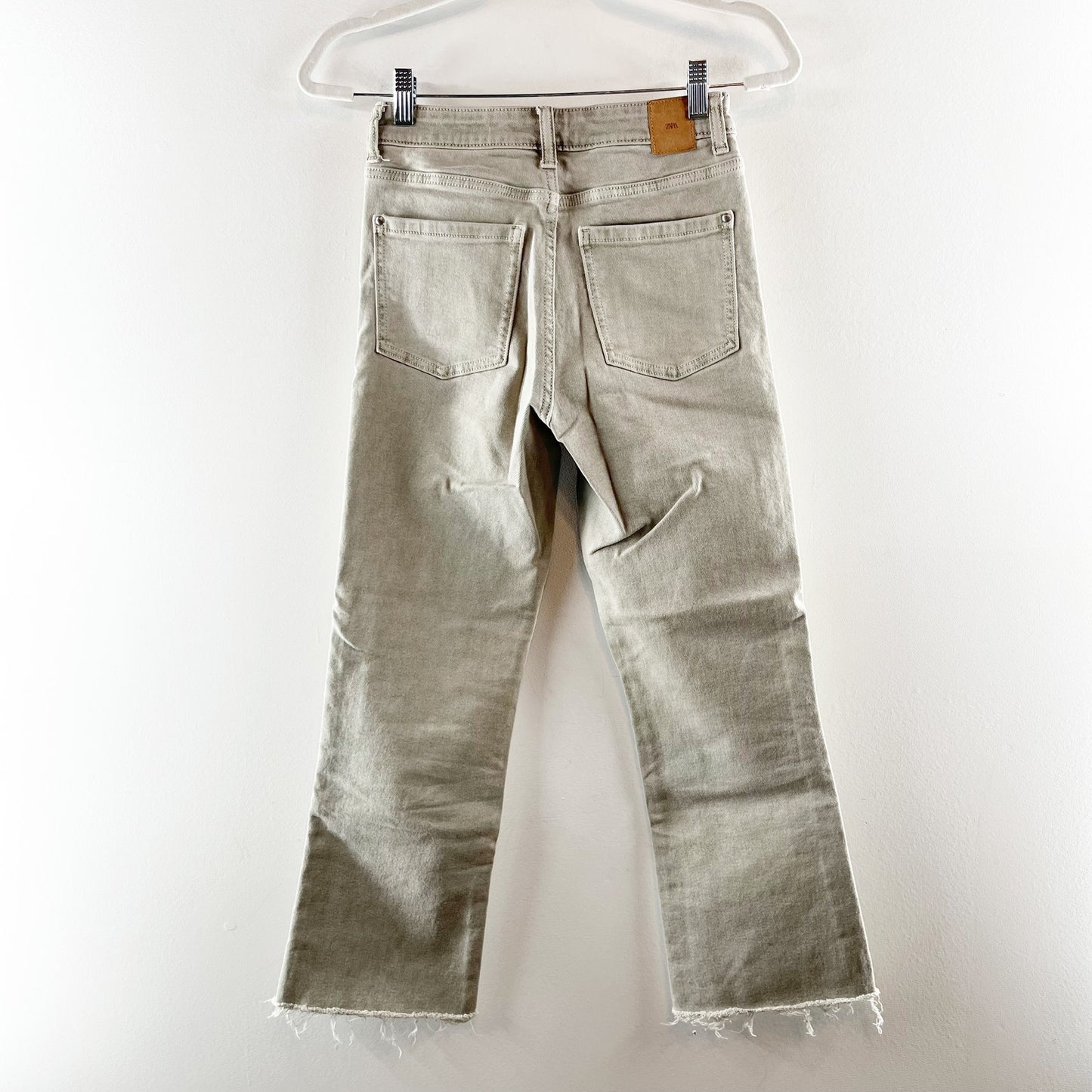 ZARA High Rise Cropped Button Fly Raw Hem Kick Flare Jeans Sage Green 2