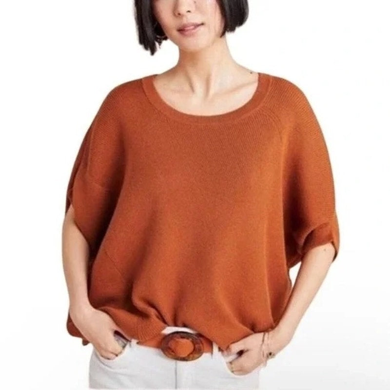 Anthropologie Vanessa Ribbed Knit Poncho Short Sleeve Sweater Rust Brown Medium