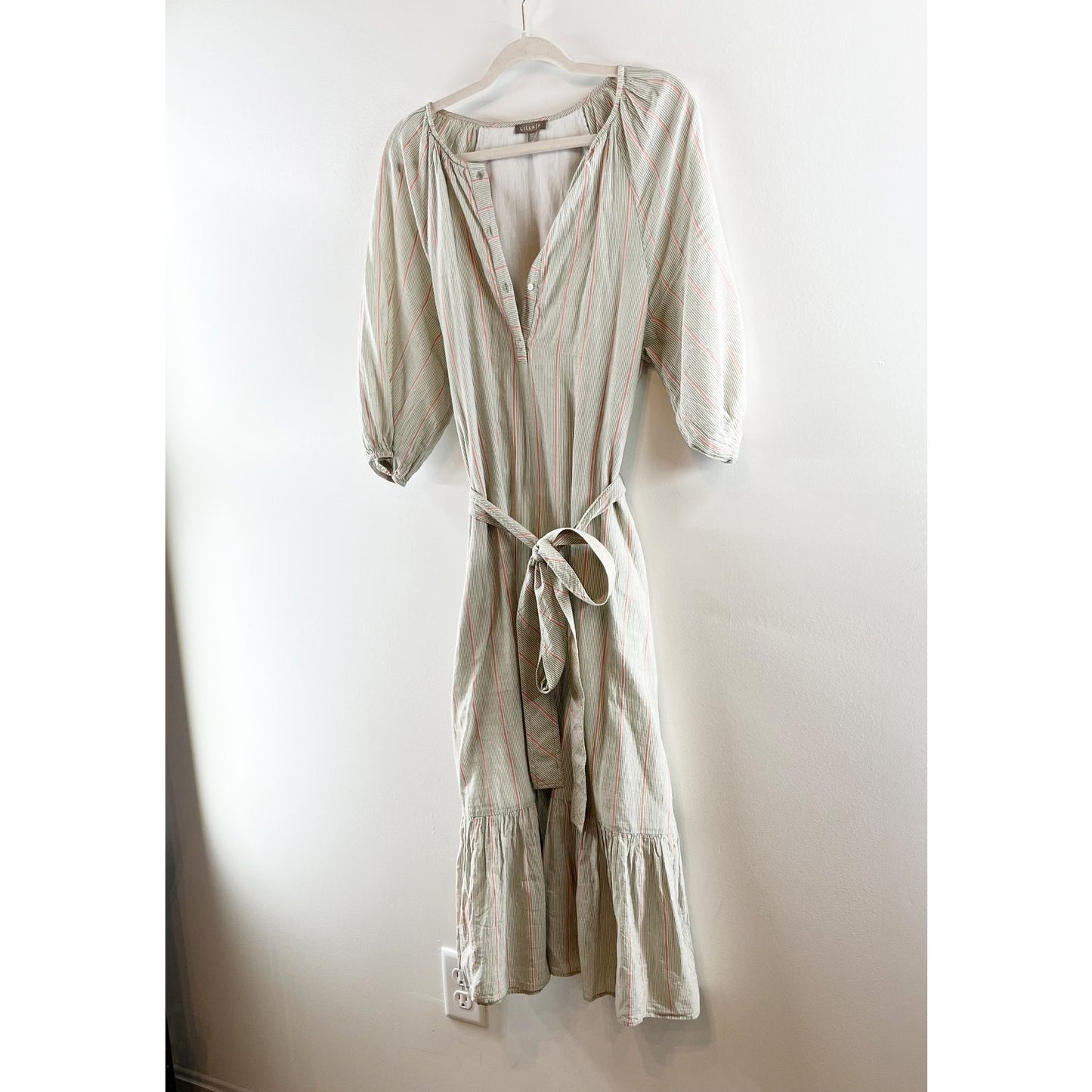 Lilla P Easy Elbow Sleeve Cotton Striped Midi Dress Papaya Stripe Small