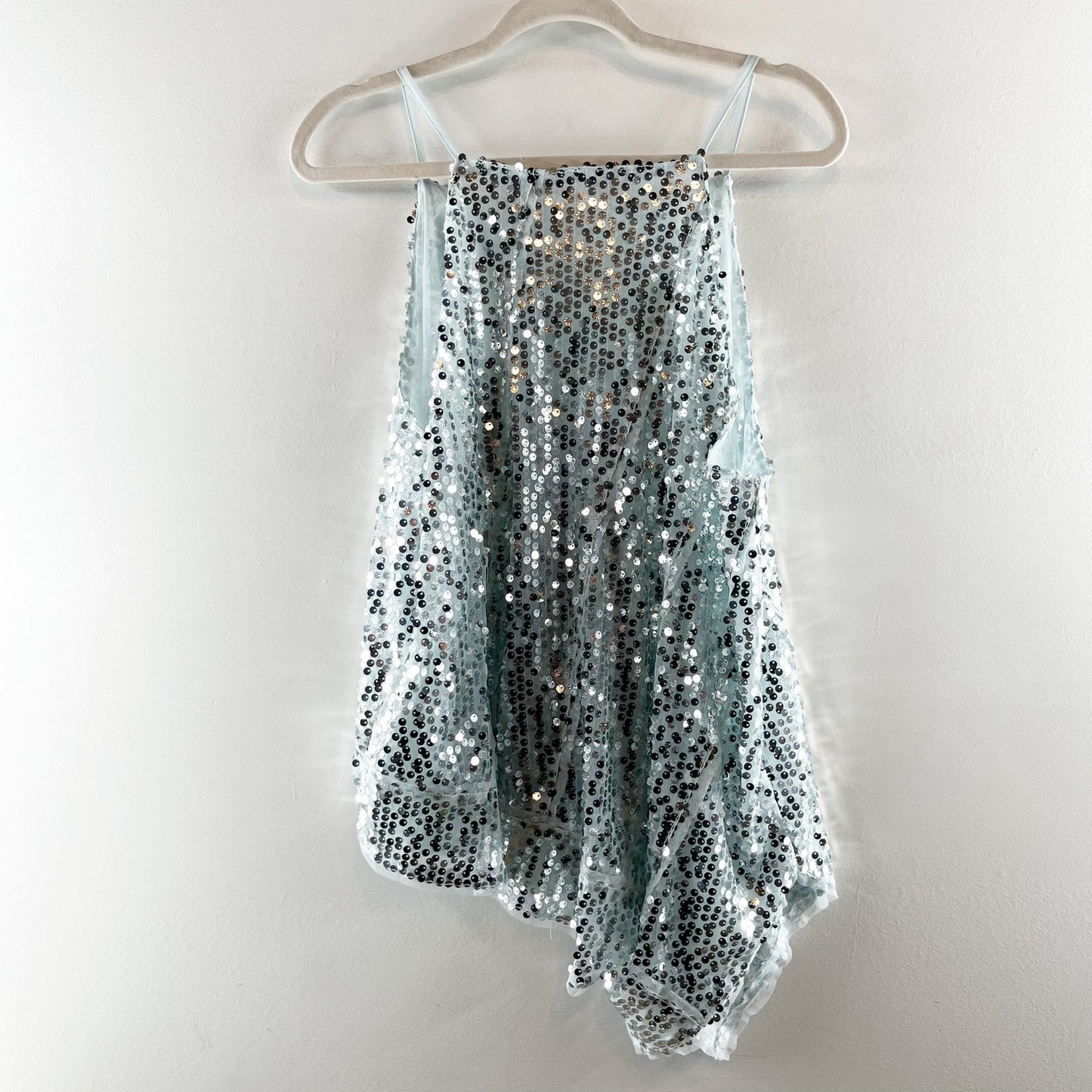 Anthropologie Sequin Square Neck Asymmetrical Hem Tank Top Blue XL