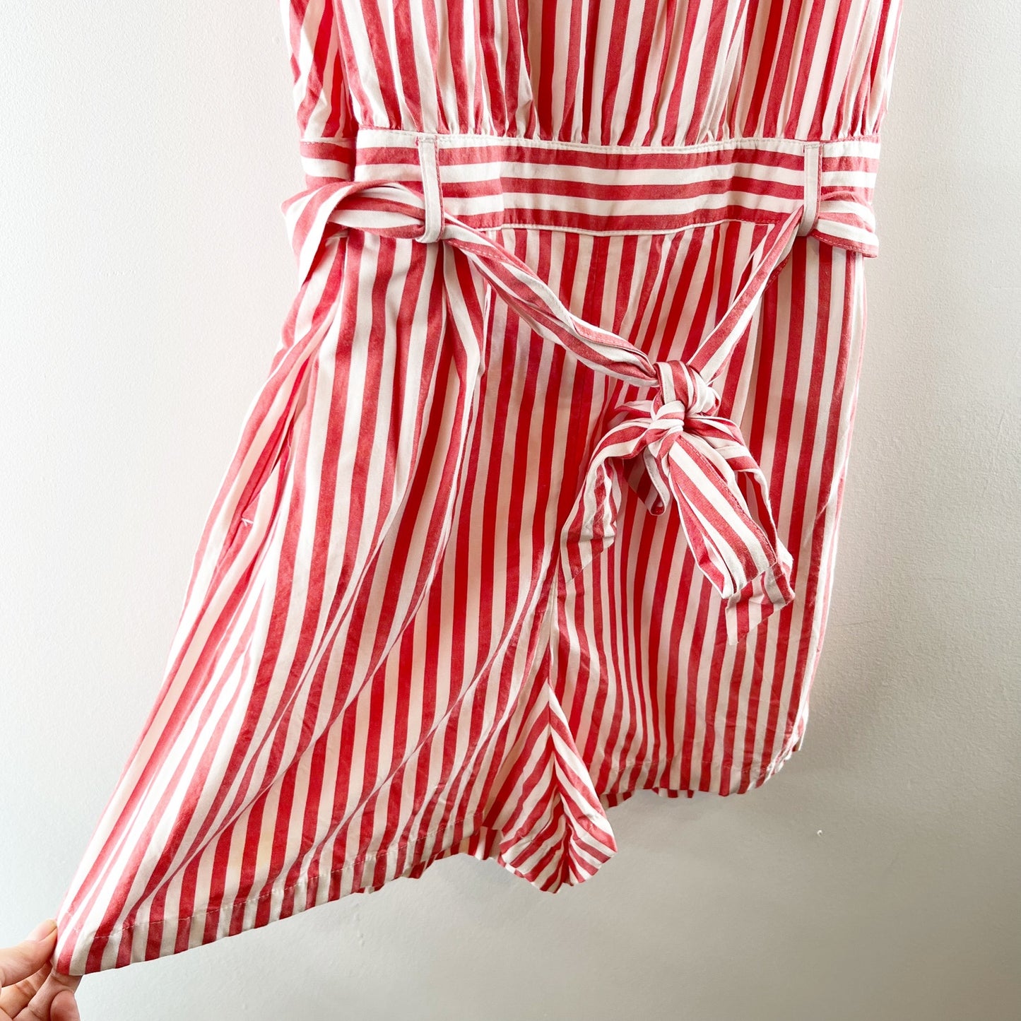LOFT Striped V Neck Ruffle Shoulder Belted Romper Red White 12