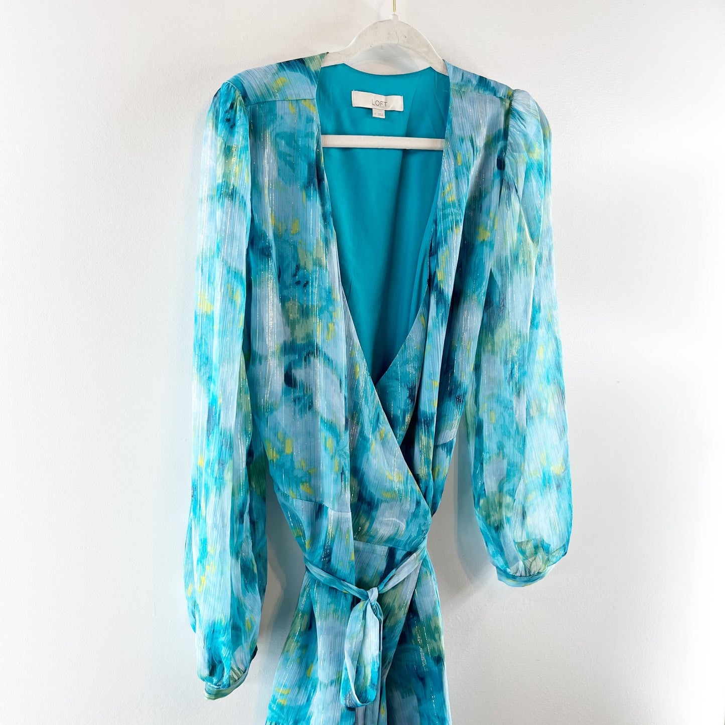Loft Watercolor Floral Chiffon Puff Long Sleeve Midi Wrap Dress  Blue 10