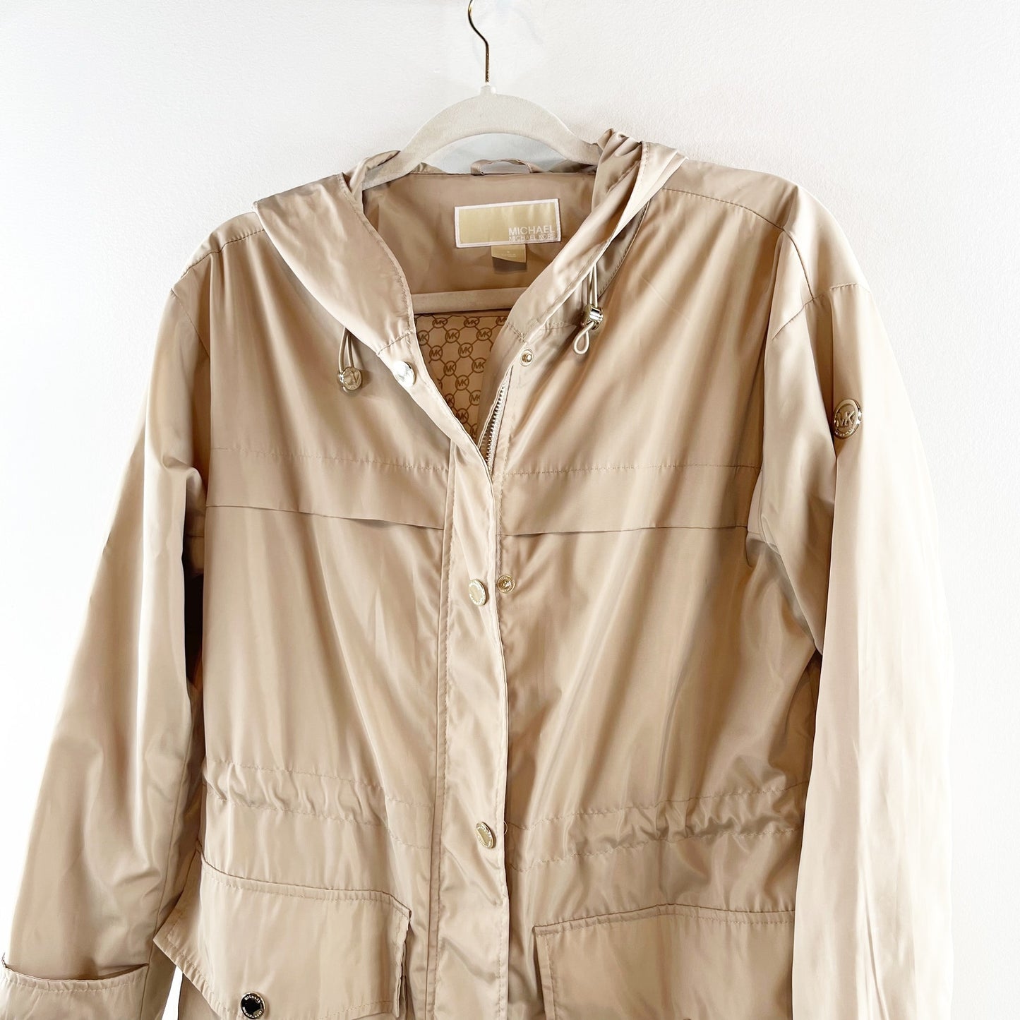Michael Kors Hooded Longline Utility Trench Raincoat Jacket Tan Small