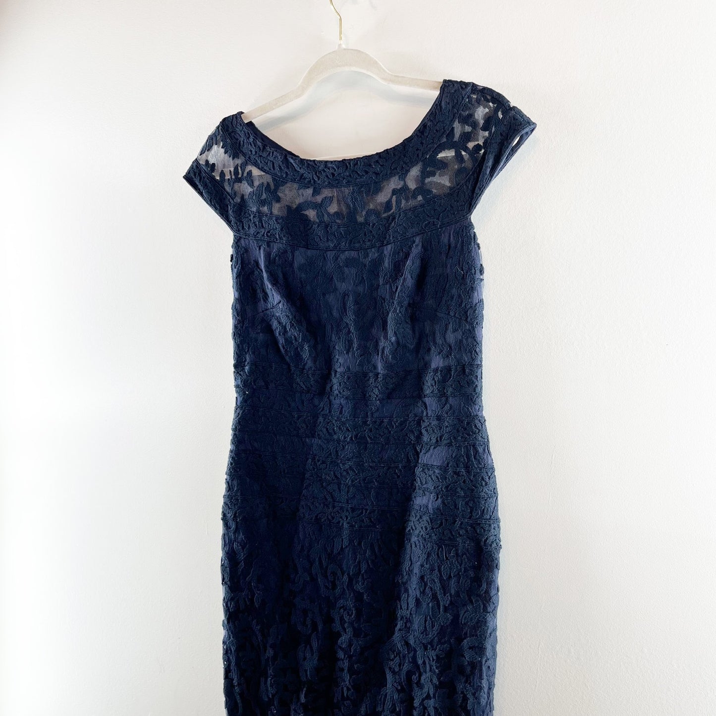 Tadashi Shoji Embroidered Banded Lace Maxi Length Gown Dress Navy Blue 4