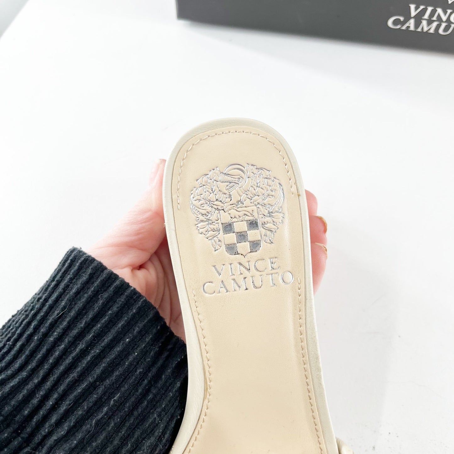 Vince Camuto Semtera Woven Block Heel Leather Slide Sandals Cream 5.5