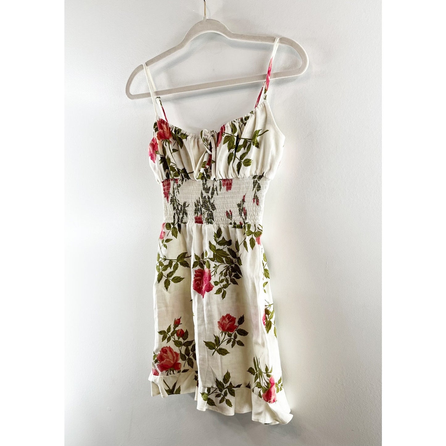 Reformation Rosemary Floral Print Linen Smocked Waist Mini Dress White 4