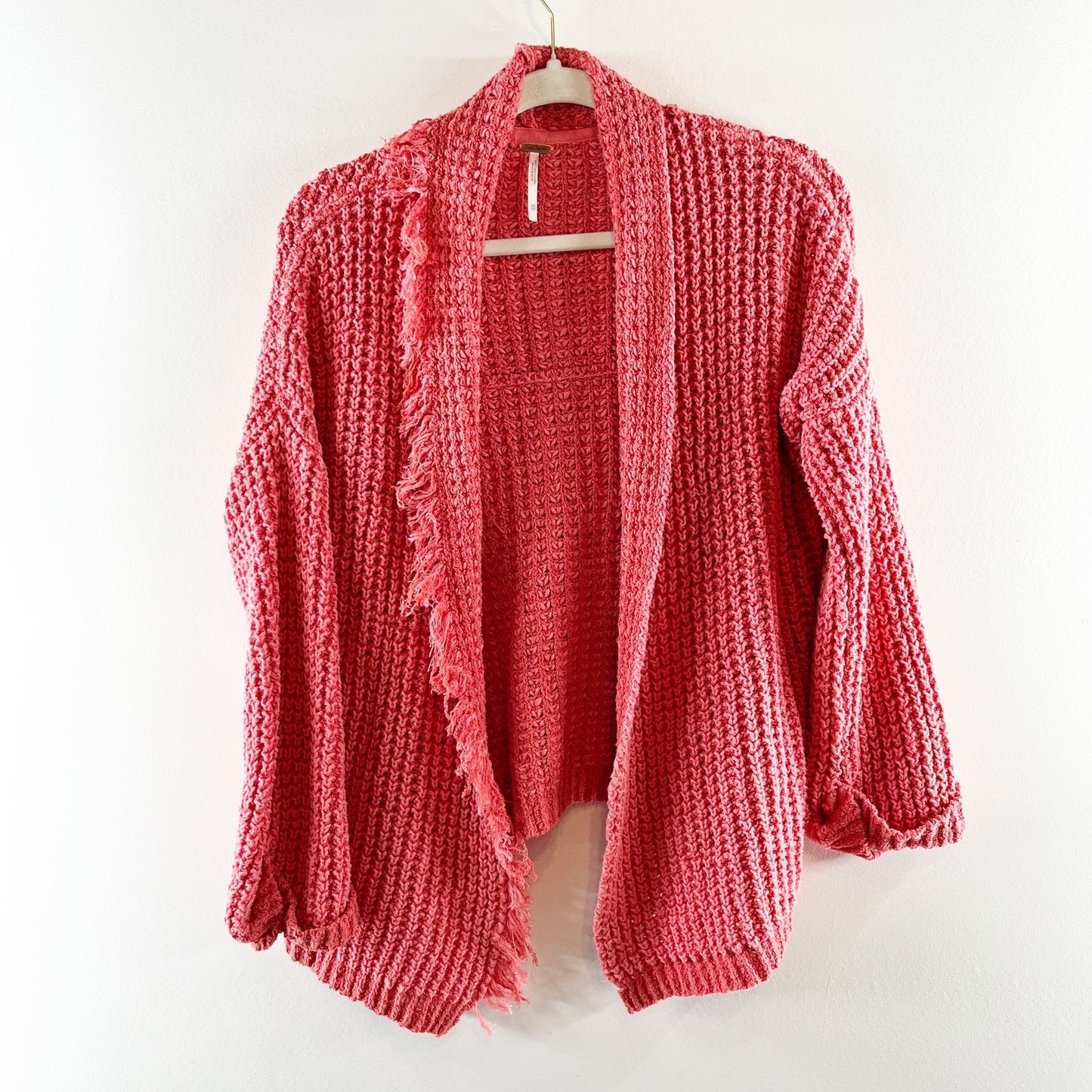 Free People I'll Be Around Chunky Fringe Cardigan Sweater Coral Pink XS