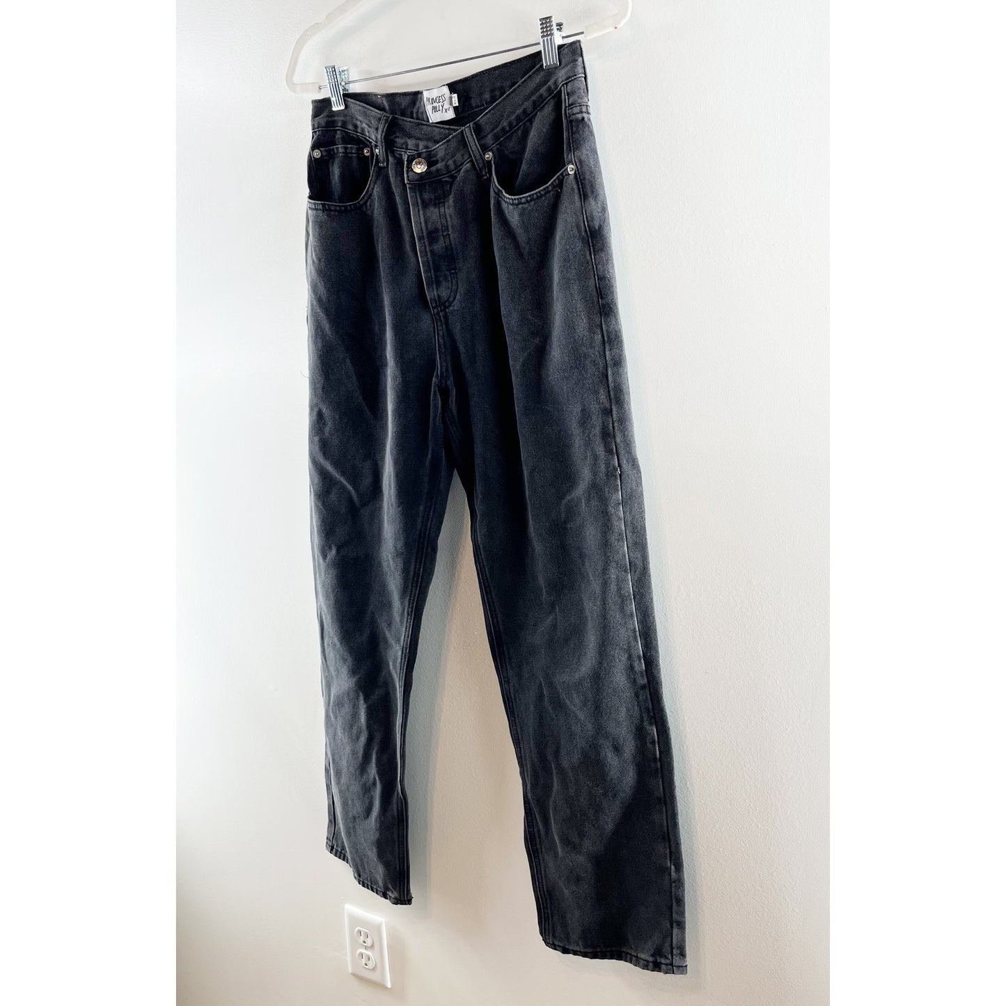 Princess Polly High Rise Crossover Waist Button Fly Straight Leg Jeans Black 6