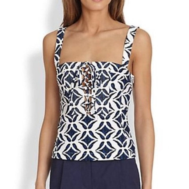Diane Von Furstenberg Avalon Cotton Printed Square Neck Tank Top White Blue 6