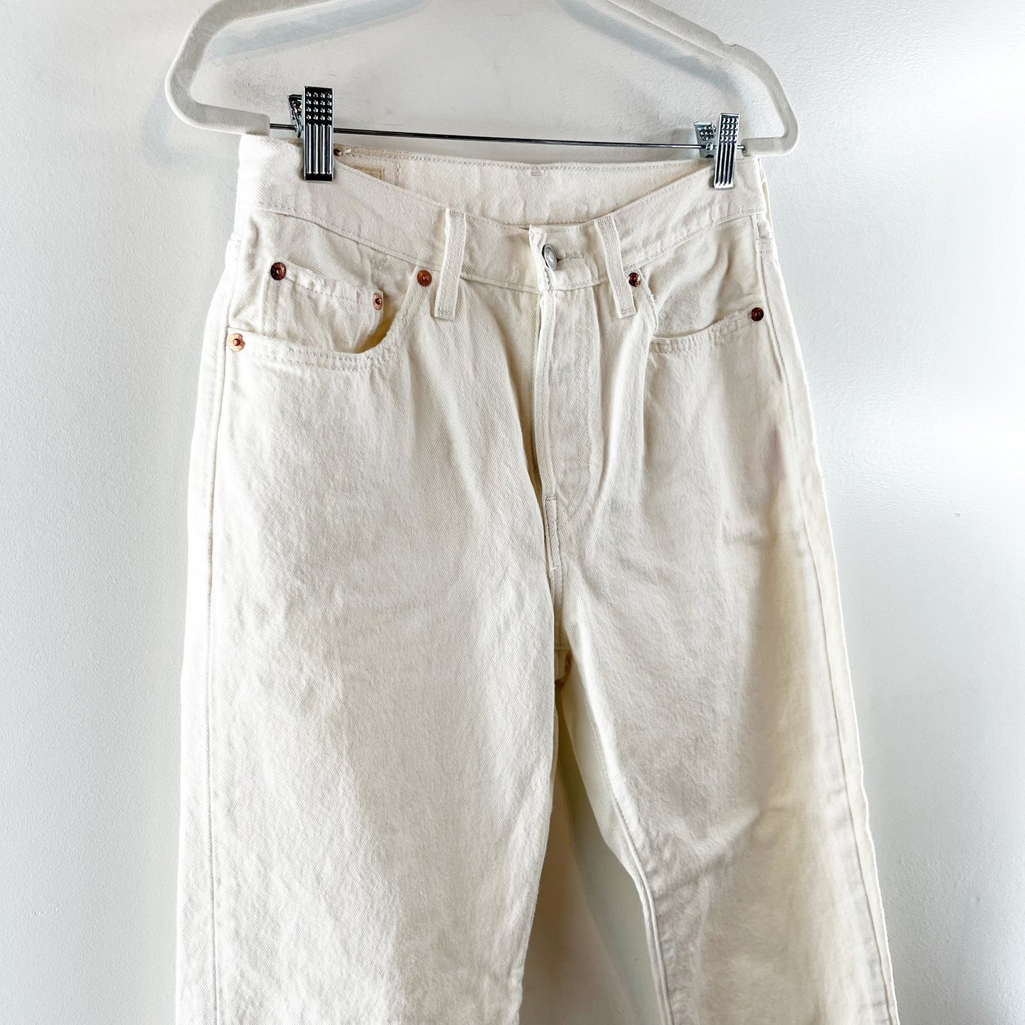 Levi's 501 Original Cropped High Rise Cotton Button Fly Jeans Ecru White 28