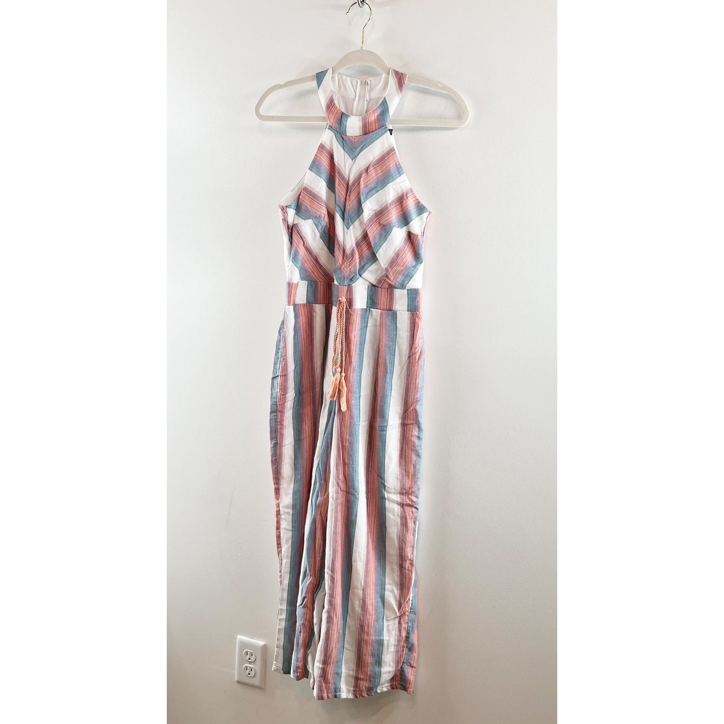Crystal Sky Halter Neck Sleeveless Flare Leg Striped Tasseled Jumpsuit Pink 5