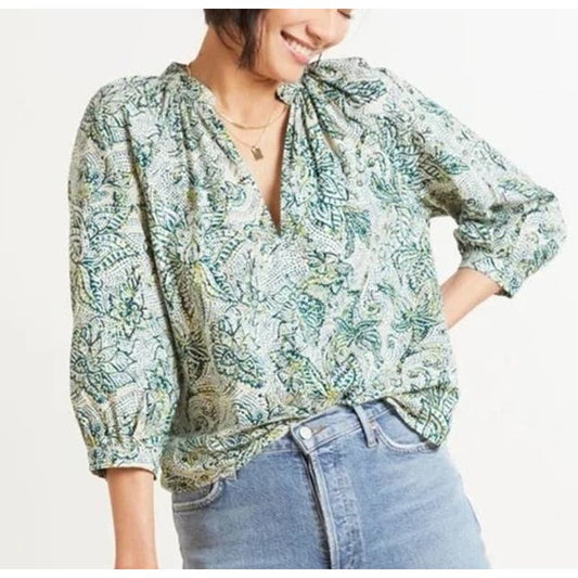 Roan + Ryan Cassidy Floral Tropical Printed 3/4 Sleeve Blouse Top Green XS