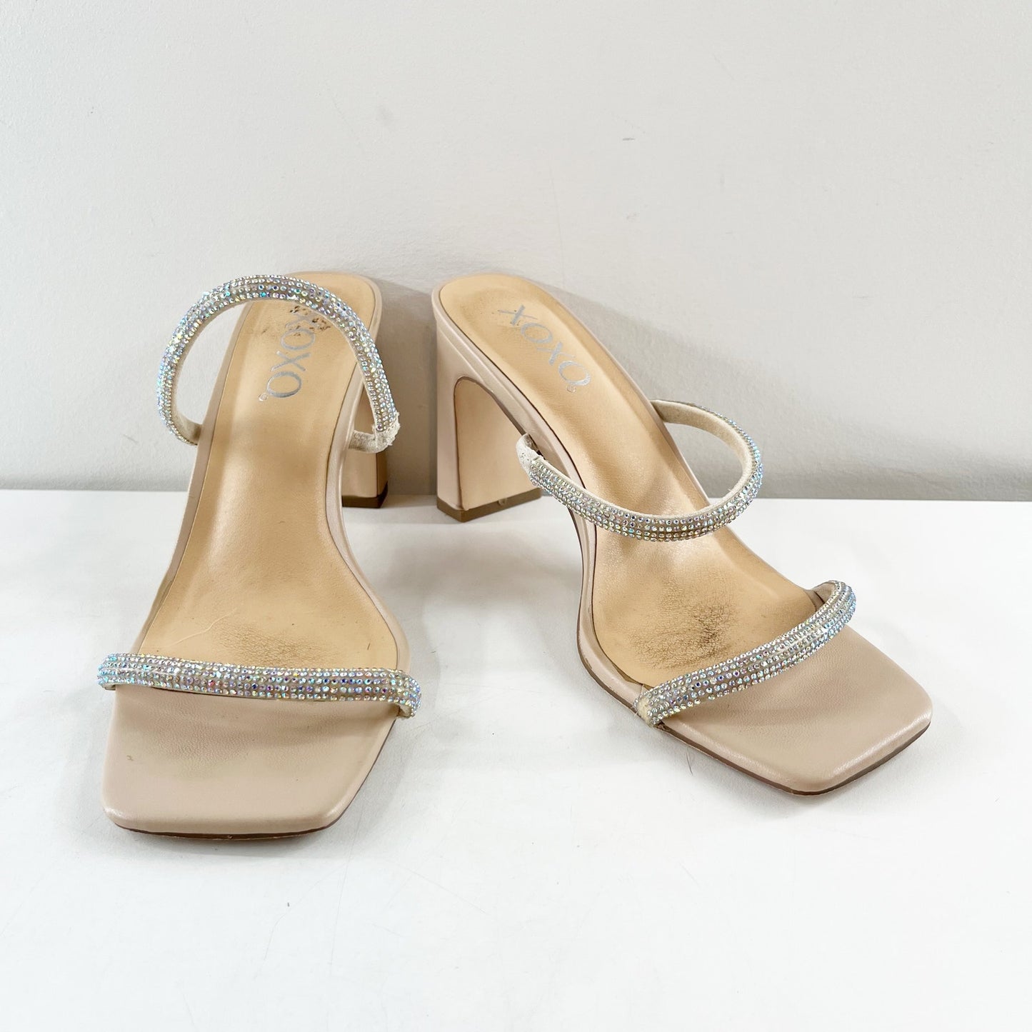 XOXO Folee Double Rhinestone Square Toe Block Heel Sandals Nude 7.5
