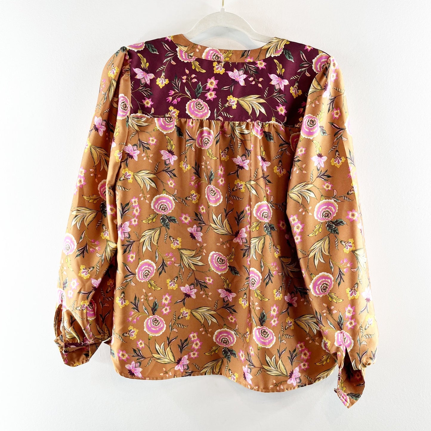 LOFT Long Sleeve Button Front Floral Satin Blouse Top Orange Maroon Small