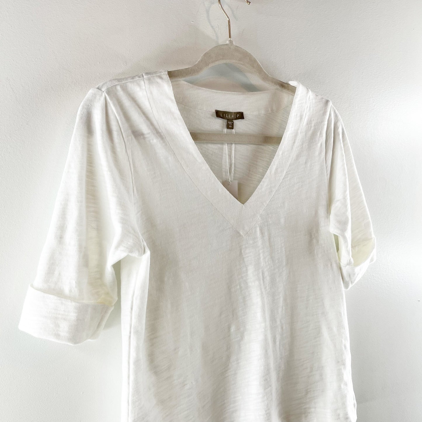 Lilla P V Neck Elbow Sleeve Cotton Tee Shirt White XS