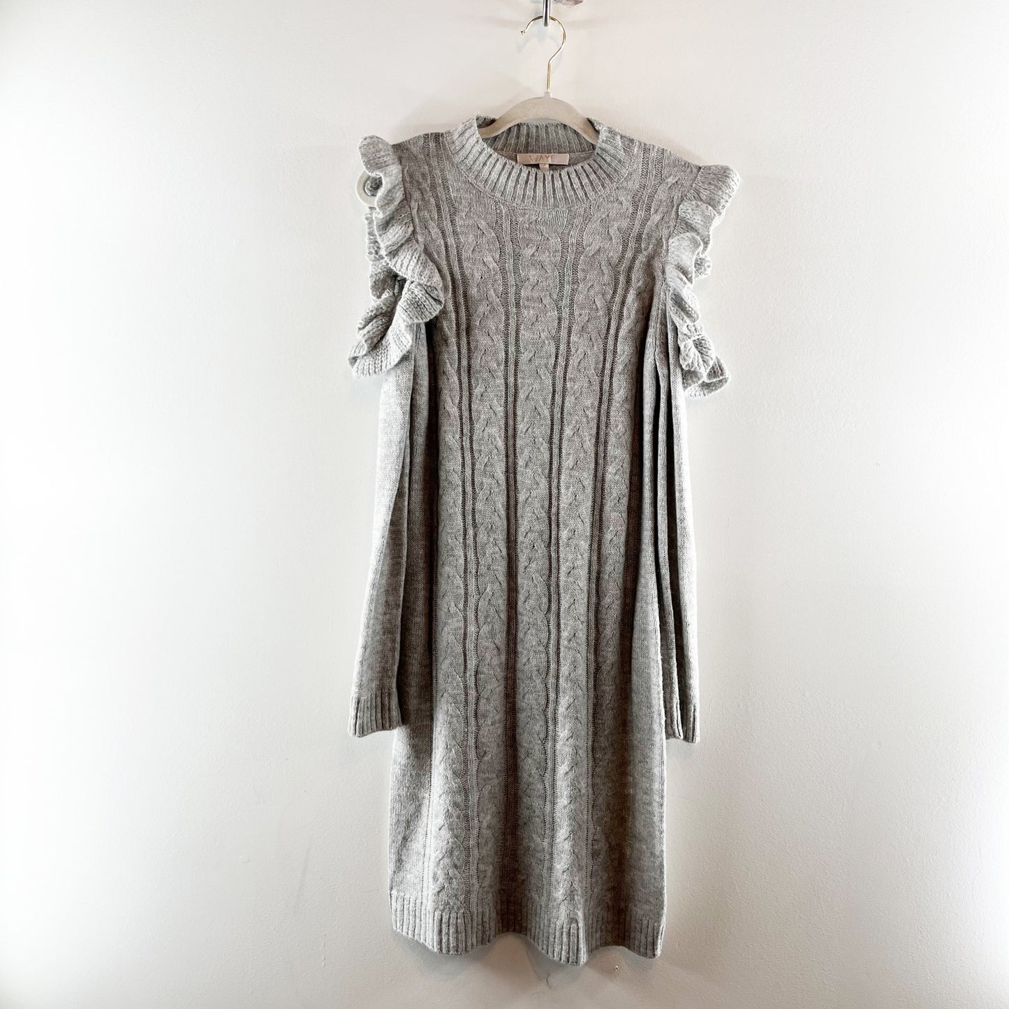Wayf Mock Neck Cold Shoulder Cable Knit Mini Sweater Dress Oatmeal/Grey Medium