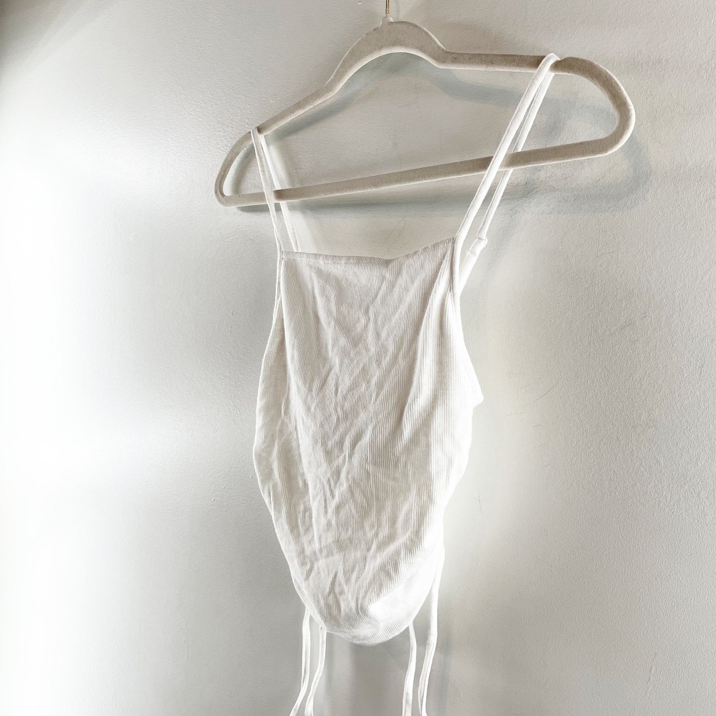 Aerie Square Neck Ribbed Side Ruched Tie Cropped Tank Top Cami White XS