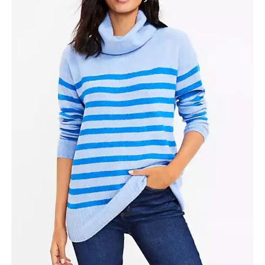 Loft Striped Long Sleeve Turtleneck Knit Pullover Tunic Sweater Blue Small
