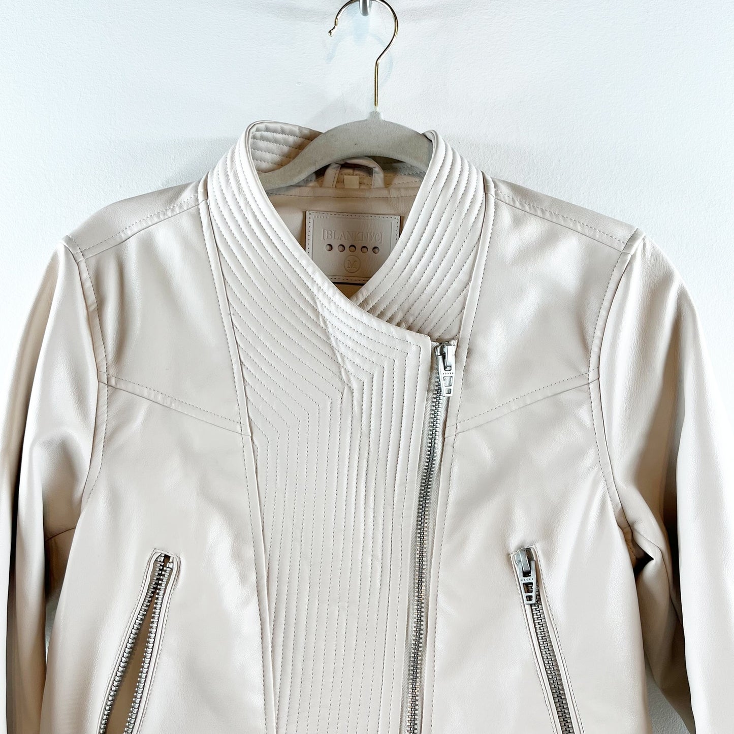Blank NYC Faux Leather Long Sleeve Crop Asymmetric Full Zip Moto Jacket Cream M