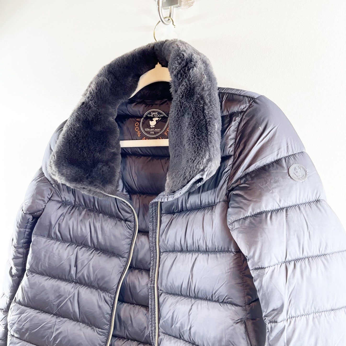 Save The Duck Mei Faux Fur Collar Puffer Coat Jacket Black XS